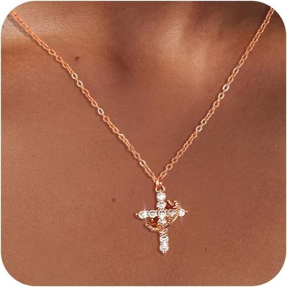 Cross Crown Necklace CZ 14K Gold Plated Trendy Cross Crown Pendant Birthday Gift - Picture 7 of 8
